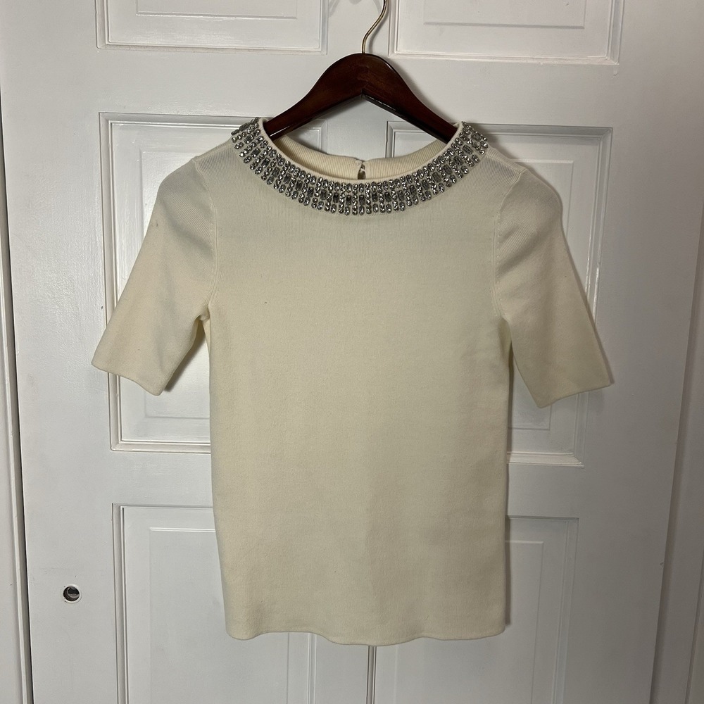 Talbots Jeweled Neckline Short Sleeve Knit Top Rhinestone Glitter Sweater‎ Cream